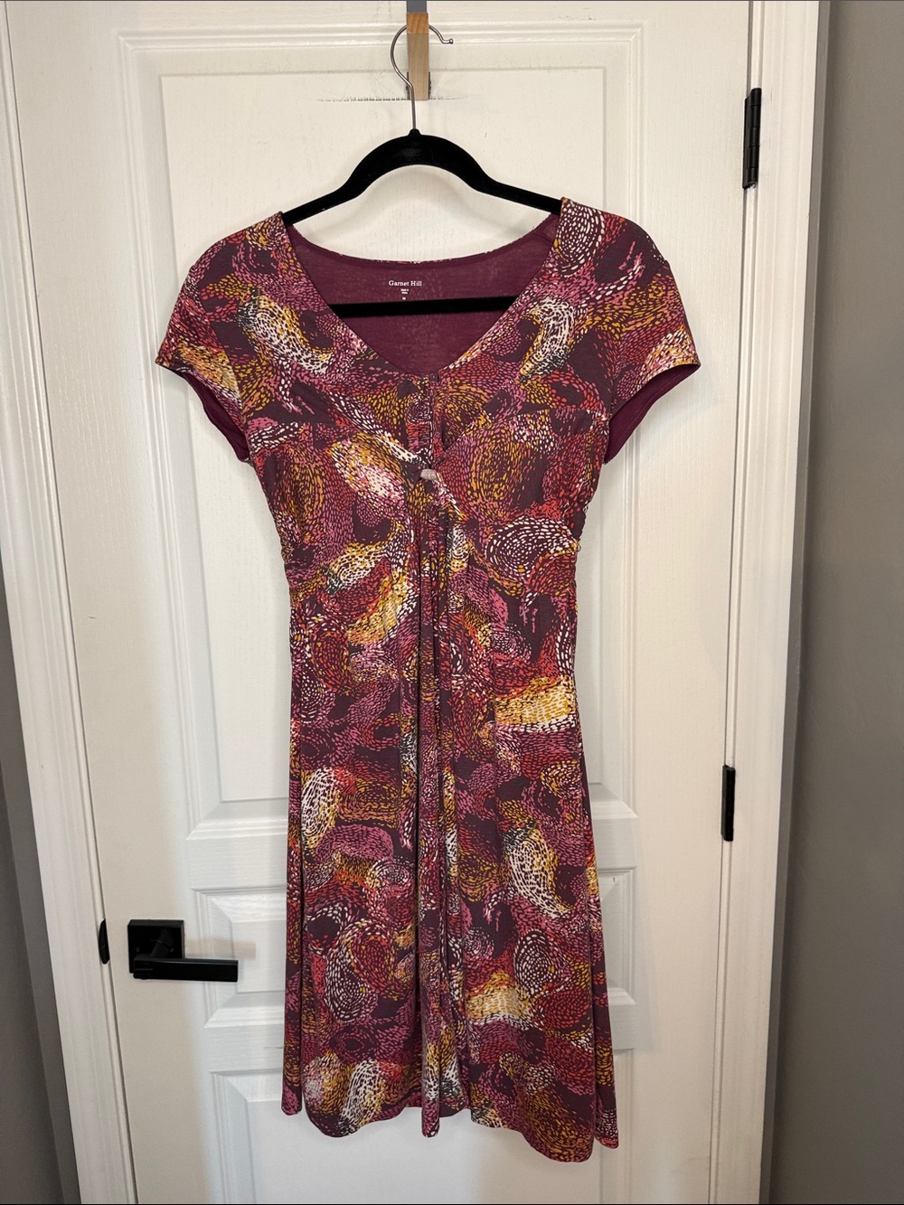 Garnet Hill Short-Sleeve V-Neck Printed Dress in Burgundy, Gold and Pink